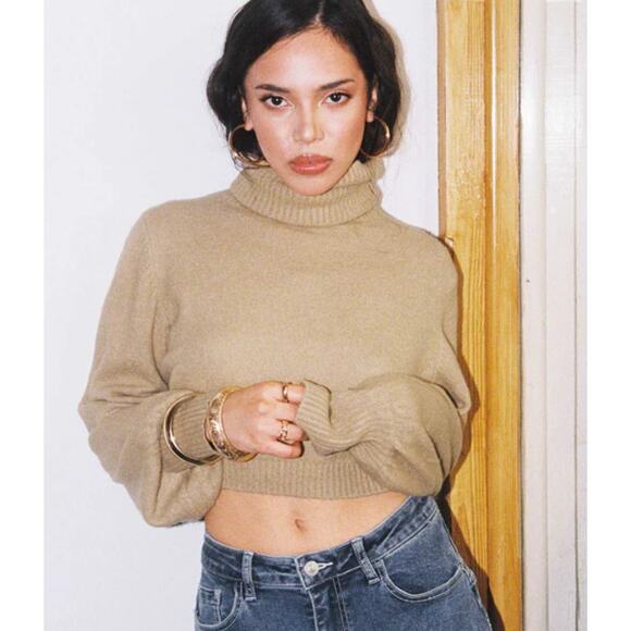Princess Polly Sweater Womens Medium Beige Zahara Cropped Turtleneck Puff Sleeve - Picture 1 of 9